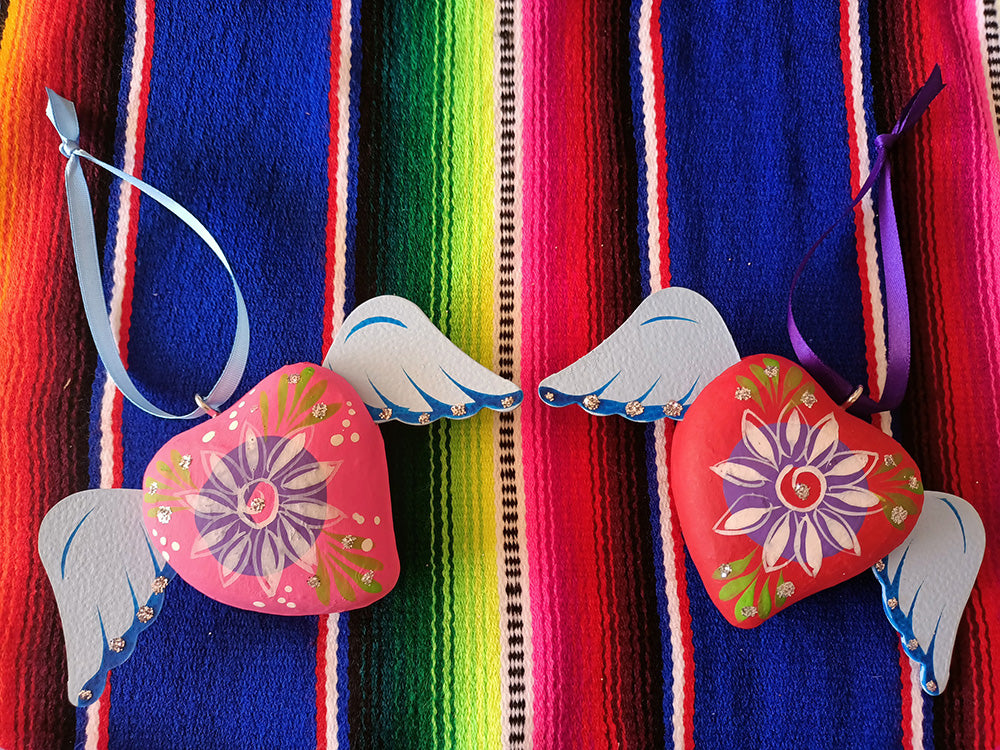 mexican winged heart ornaments pink red